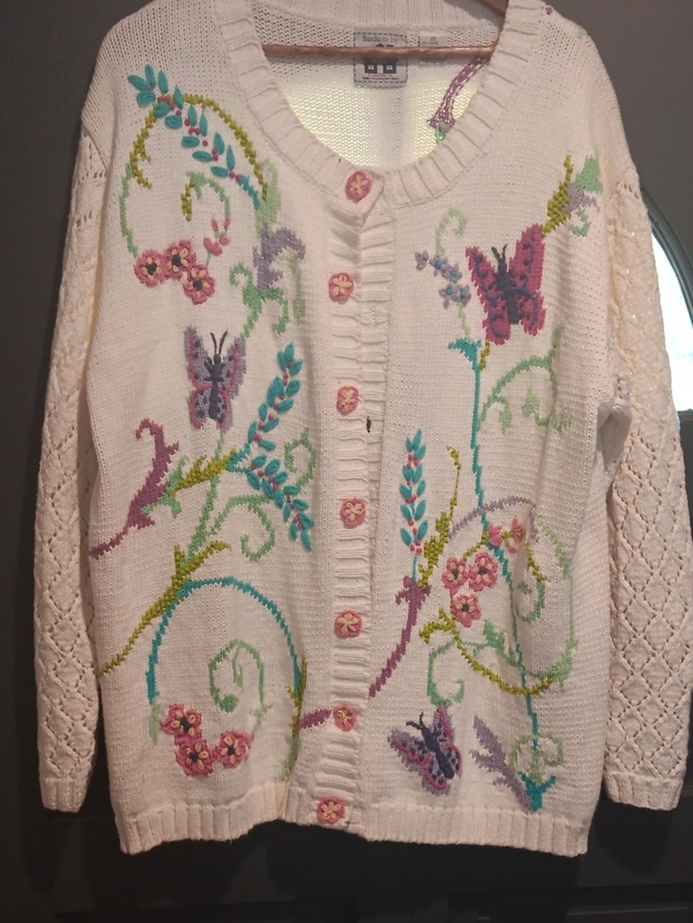 Storybook Knits Cream Cardigan with Multicolor Floral & Butterfly Embroidery